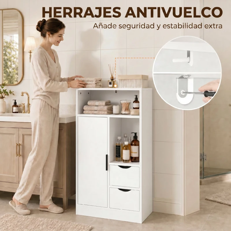 HOMCOM Armario de Baño con 2 Cajones Compartimento Abierto y Estantes Ajustables para Espacio Pequeño 50x25x100 cm Blanco