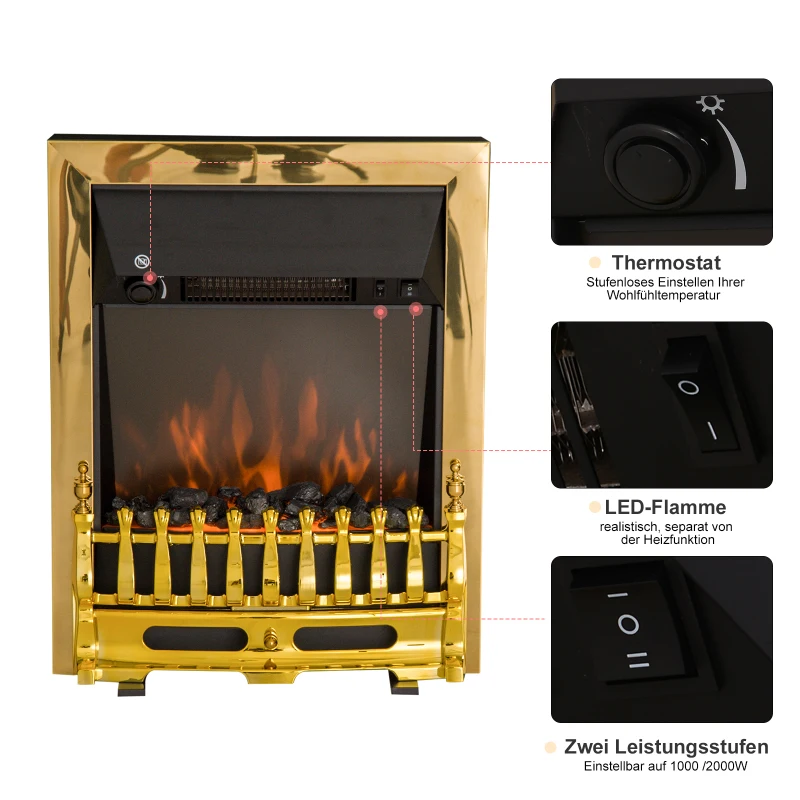 HOMCOM Elektrische kachel haardkachel 2000 W elektrische haard wandhaard vlameffect(m-4)