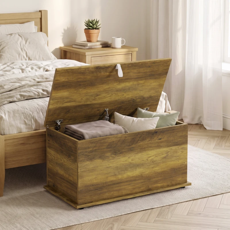 HOMCOM Aufbewahrungstruhe, Aufbewahrungsbank mit klappbarem Deckel und Sicherheitscharnieren, 80 x 40 x 45 cm, Braun