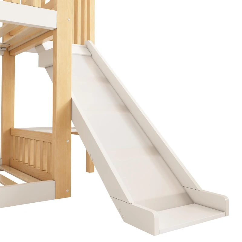 Beliche estilo cabana para crianças com telhado a duas águas, guarda‑corpo no estilo cerca de madeira, para colchões 90x200 cm, sem colchões, 247x171x220 cm, Branco
