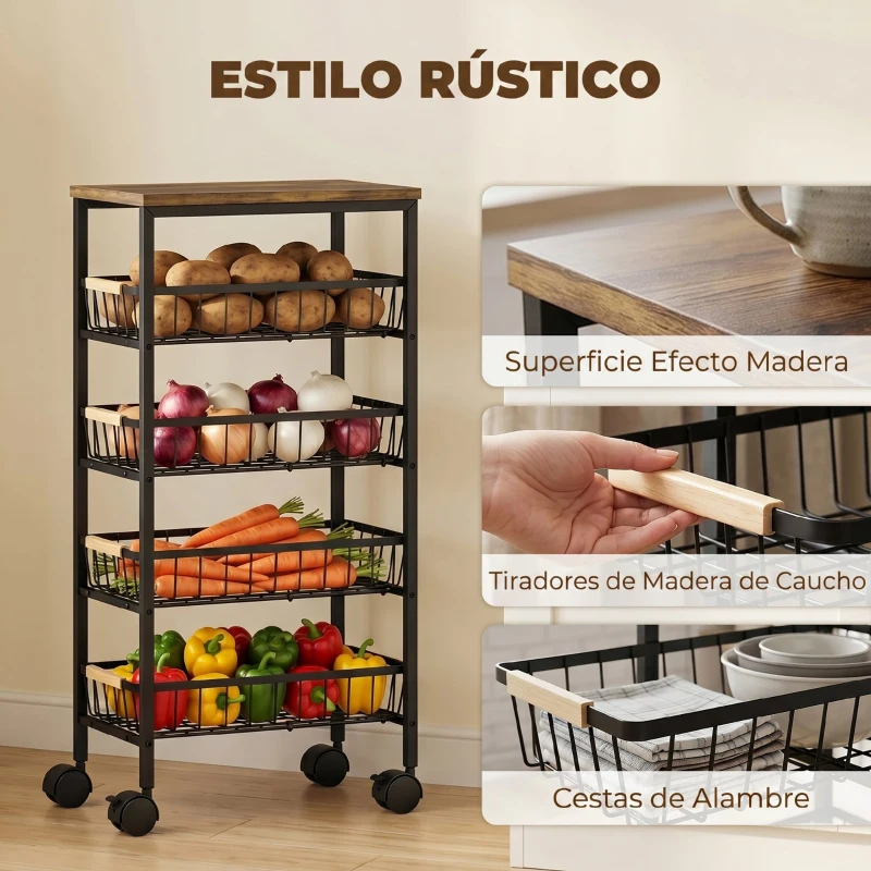 HOMCOM Carrito Auxiliar con Ruedas 4 Cestas Extraíbles Carga 15 kg Marco Metálico para Comedor 40x24x81,5 cm Rústico Marrón