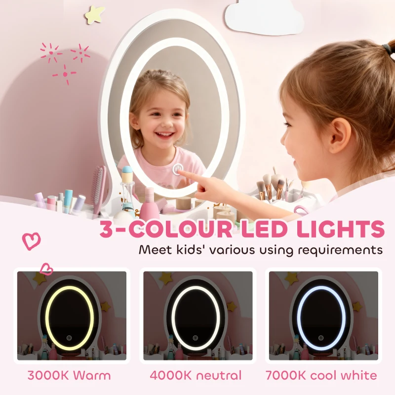 AIYAPLAY Kids Vanity Table and Chair Set with 3-Colour LED Lights Mirror, Drawer, Storage Boxes, for 3+ Years, White