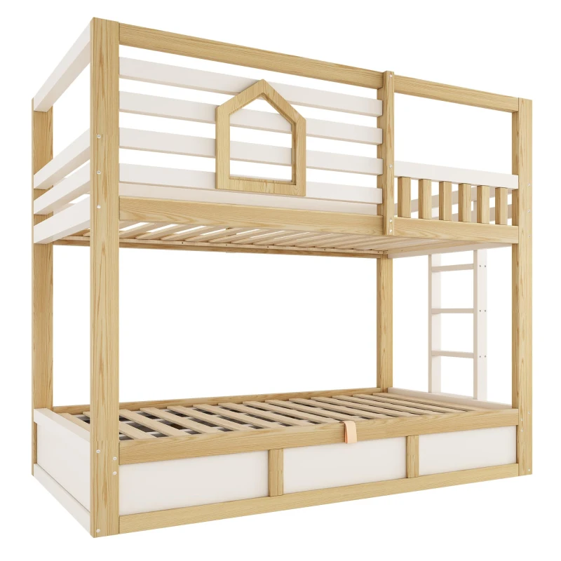 Cama beliche infantil estilo cabana, 2 lugares de dormir de 90×200 cm cada, sem colchão, 210x102x184 cm, Cor natural
