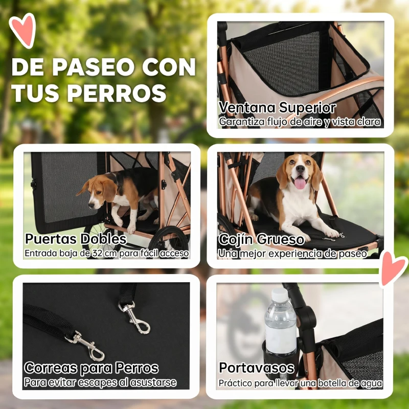 PawHut Carrito para Perros Plegable hasta 20 kg con Ruedas Grandes Suspensión y Freno Ventanas de Malla Cojín Marrón Claro