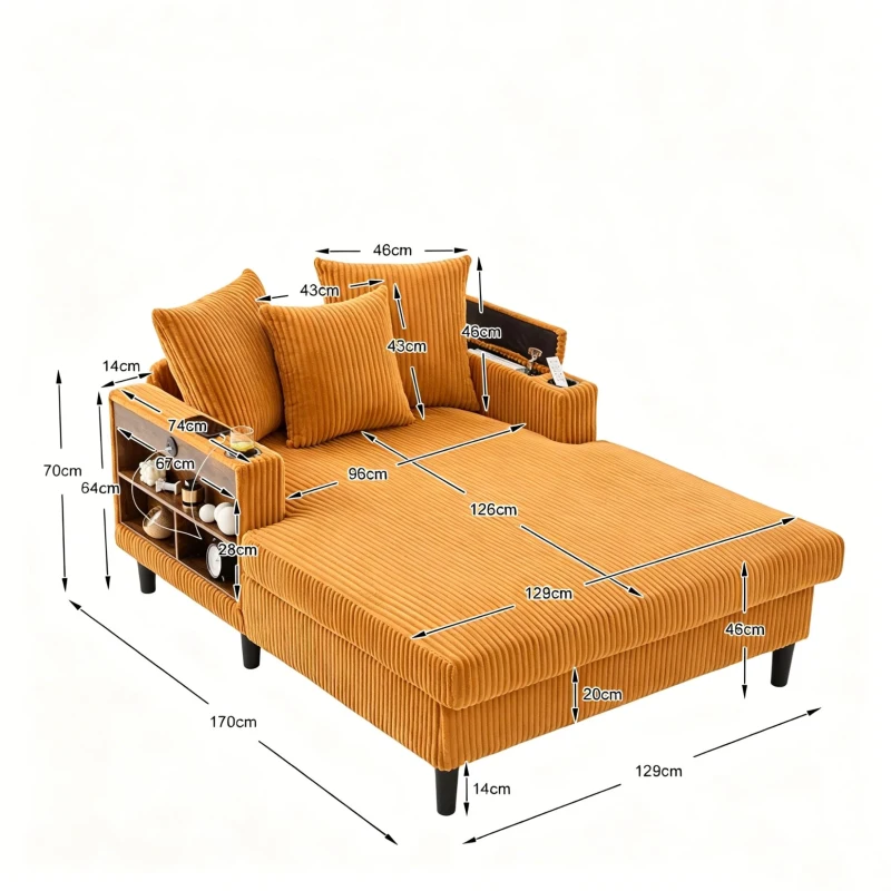 Divano letto con portabicchieri su entrambi i lati e bracciolo pieghevole, 129x170x70 cm, giallo senape