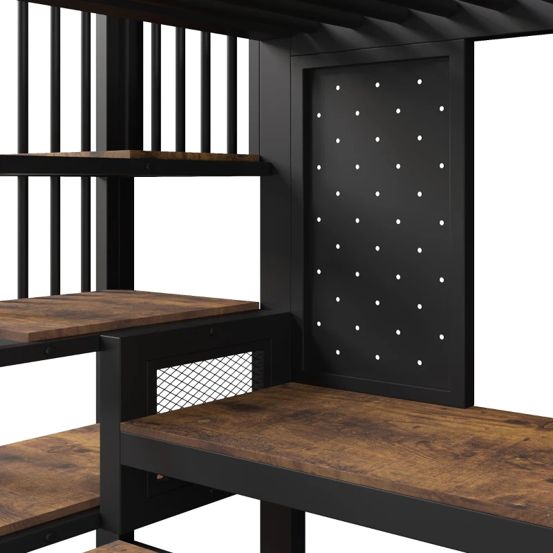 Cama alta 90x200 cm com secretária de canto, muito espaço de arrumação & placa perfurada, régua de tomadas integrada, 255x114x182 cm, Castanho+Preto