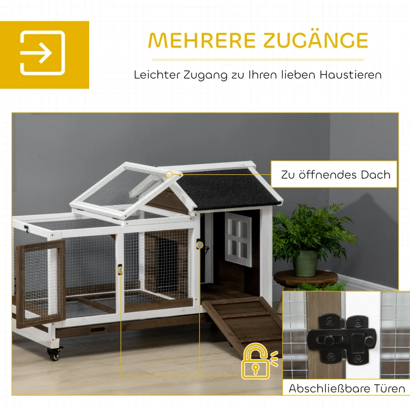 PawHut Kleindiershok voor dwergkonijnen, cavia's, met wielen, 108 x 58 x 73,5 cm, koffie(m-5)