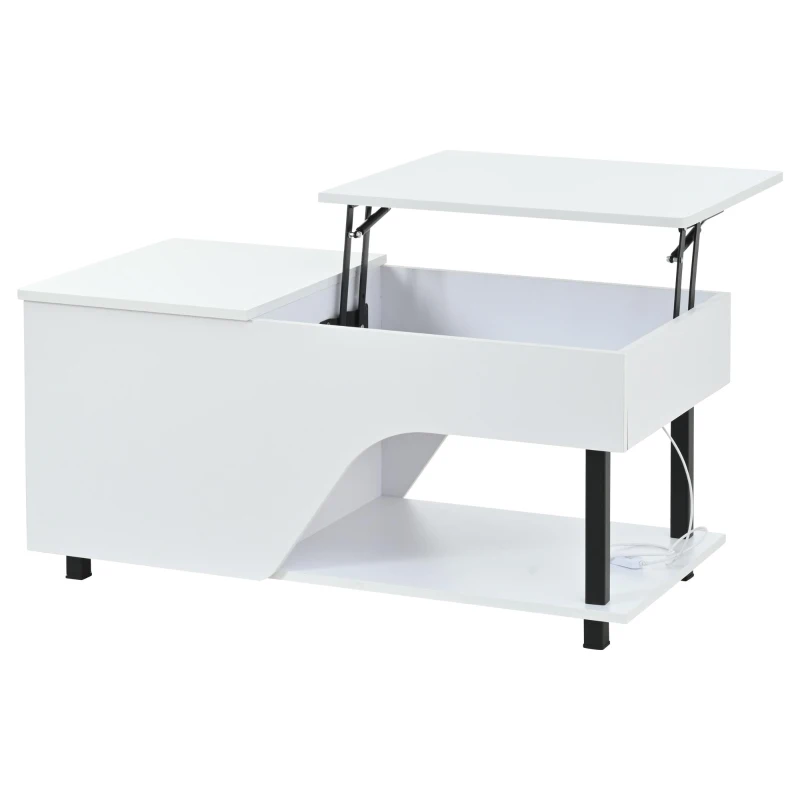 Table basse réglable en hauteur avec rangement caché, compartiments latéraux réglables, 50x100x46 cm, Blanc