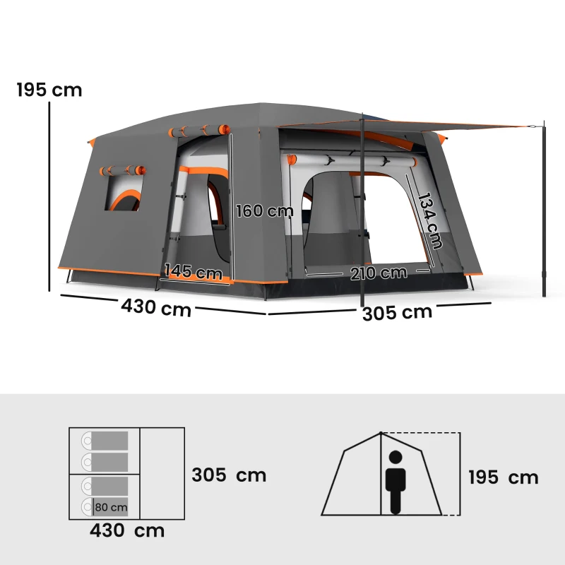 Outsunny 4 Man Camping Tent, Double Layer Tunnel Tent with Porch, Living Area and 2 Bedrooms, Sewn in Groundsheet, 3000mm Waterproof and UPF 30+, Portable with Bag, 430 x 305 x 195 cm Large, Grey