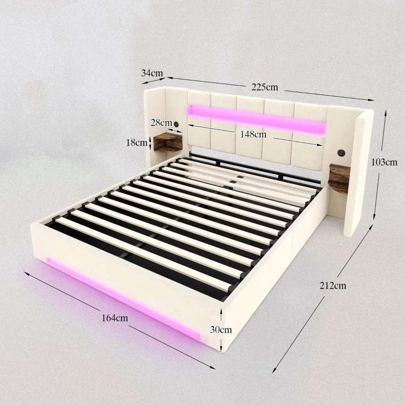 Estrutura de cama em veludo multifuncional, mesas de cabeceira retro aos dois lados, fita LED de luz ambiente, 225x212x103 cm, Bege