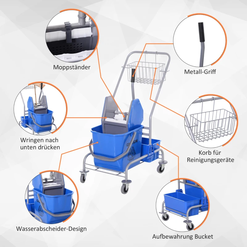 HOMCOM Schoonmaakwagen, Mopwagen, 25L Capaciteit, 4 Wielen, Kunststof, Blauw