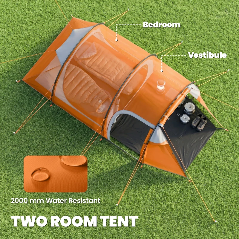 Outsunny 2 Man Tunnel Tent with Sewn-in Groundsheet, Air Vents, Rainfly, 2000mm Large Camping Tent with Bedroom, Porch, Living Area for Camping, Hiking, 426L x 206W x 154H cm, Orange
