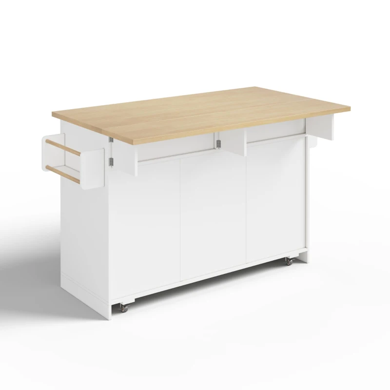 Ilha de cozinha móvel com tampo rebatível, gavetas verticais de 2 níveis, rodízios bloqueáveis 360°, 120x70x92 cm, Branco