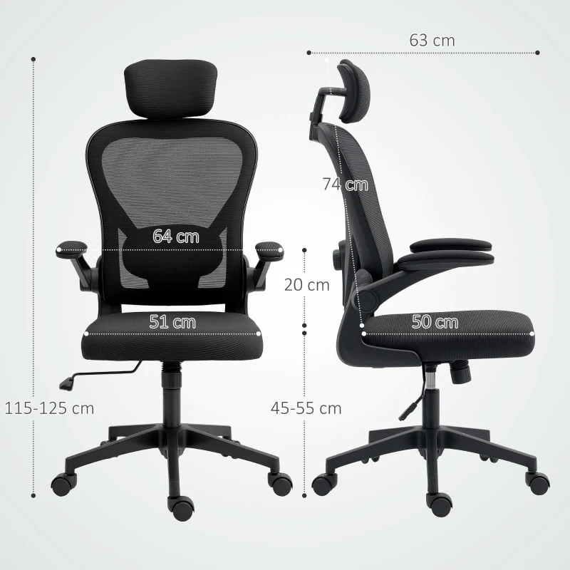 HOMCOM Bürostuhl Ergonomischer Schreibtischstuhl mit Hochklappbaren Armlehnen, Verstellbarer Lendenwirbelstütze Schwarz