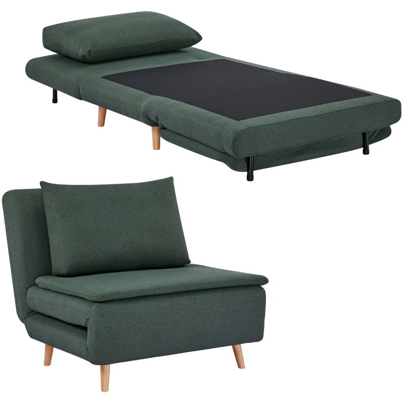 HOMCOM 3-in-1 slaapfauteuil met bedfunctie, ligfauteuil, verstelbare rugleuning, beukenhouten poten, kussen, Donkergroen