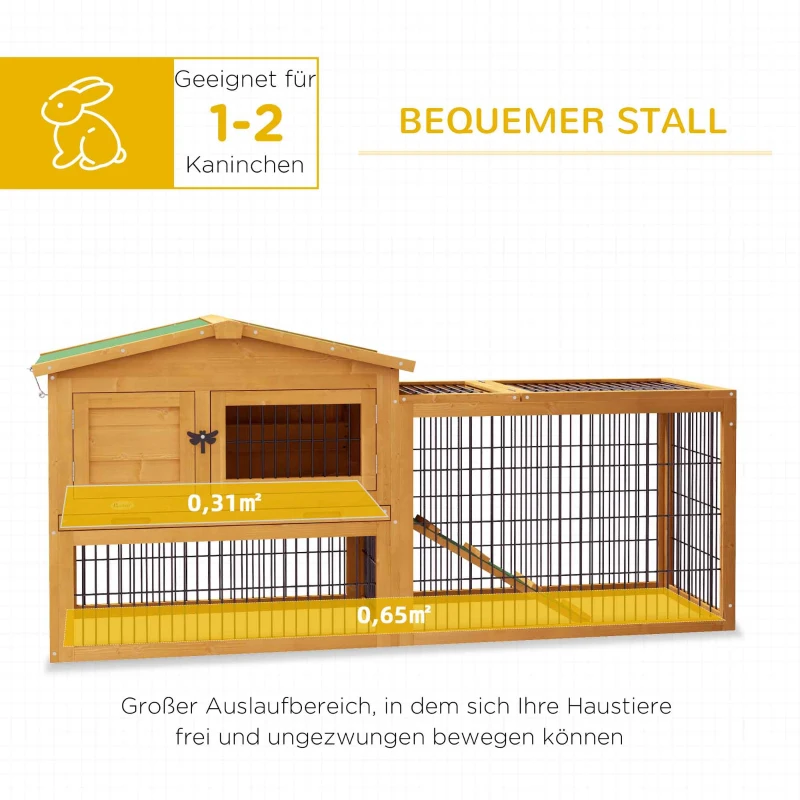 PawHut Konijnenhok 2 Verdiepingen Tannenhout Winterbestendig Dubbeldeks met Vrijloopgehege Helling 150x52x68 cm Geel