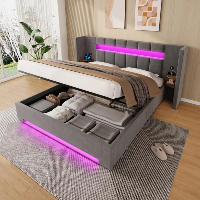 Struttura letto in velluto con striscia LED e comodini integrati, 245x212x103 cm, Grigio Scuro
