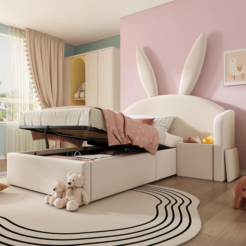 Letto contenitore con testiera con orecchie da coniglio e leva idraulica, 216x149x143 cm, Beige