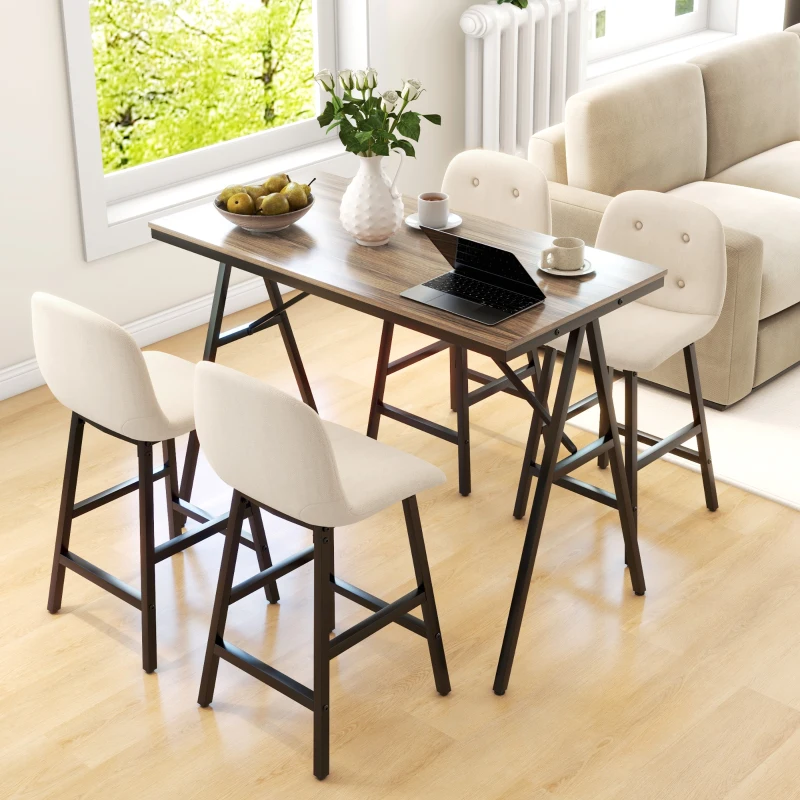 HOMCOM Barset 5-delig, tafel en 4 krukken, knoopversiering, dikke vulling, linnenlook, beige(m-7)