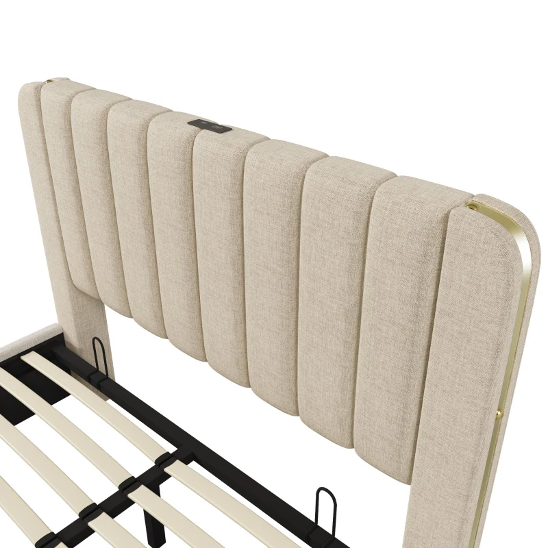 Cama doble tapizada con almacenamiento para colchón 140X190 cm, cama abatible hidráulica con funda de lino, sin colchón, 203x150x102 cm, Beige