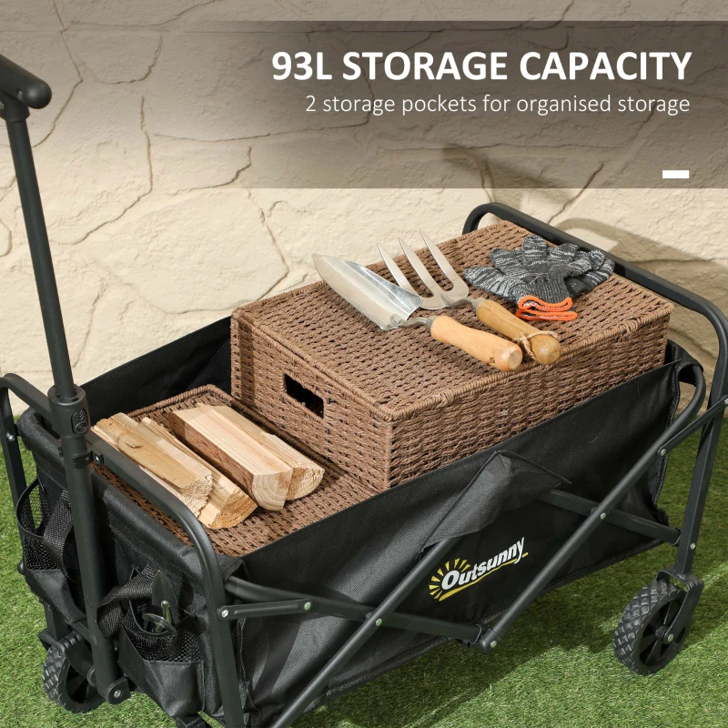 Outsunny 93L Festival Trolley on Wheels, Garden Folding Trolley Cart, 120kg Heavy Duty Collapsible Folding Wagon with Adjustable Handle and Carrying Bag for Beach, Camping, Festival, Black