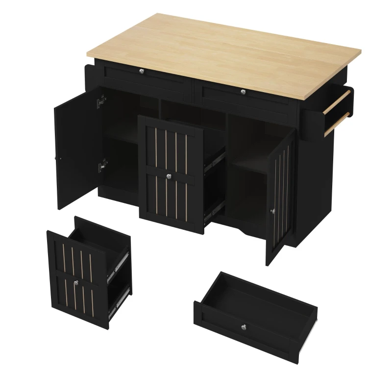 Ilha de cozinha móvel com tampo rebatível, gavetas verticais de 2 níveis, rodízios bloqueáveis 360°, 120x70x92 cm, Preto