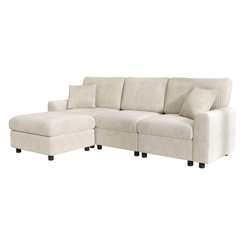 Sofá moderno com pufe, função de carregamento com duas portas, incl. 2 almofadas quadradas, almofadas de assento removíveis, 223x146x84 cm, Bege