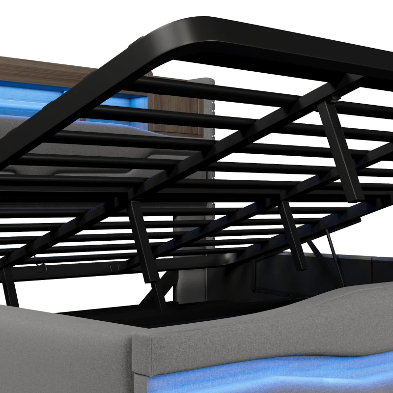 Cama estofada 180×200 cm, cama com arrumação hidráulica, sem colchão, 219x186,5x110 cm, Cinzento