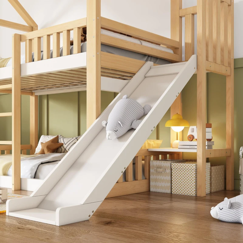 Beliche estilo cabana para crianças com telhado a duas águas, guarda‑corpo no estilo cerca de madeira, para colchões 90x200 cm, sem colchões, 247x171x220 cm, Branco