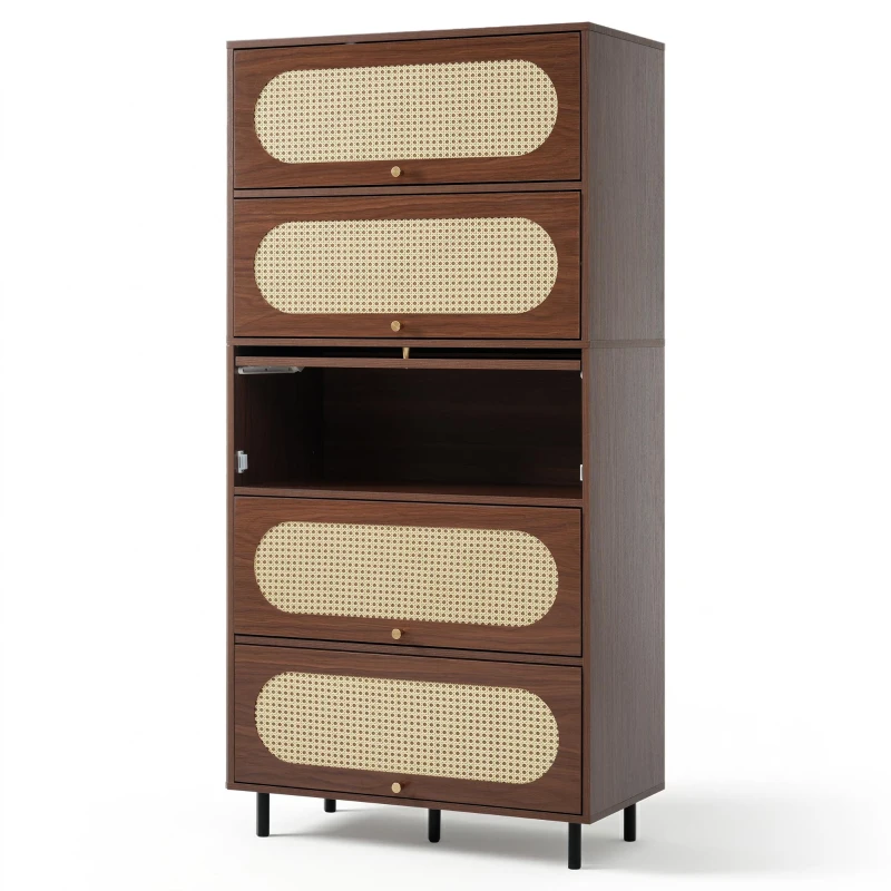 Aparador com 5 portas basculantes, muito espaço de arrumação e frente em rattan, 80x40x163 cm, Cor natural