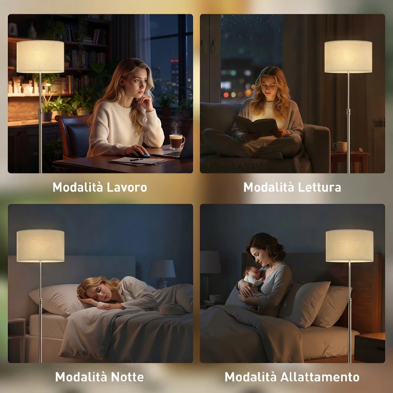 HOMCOM Lampada da Terra con Telecomando e Luminosità Regolabile 3000K-6000K con Paralume in Tessuto, Argento