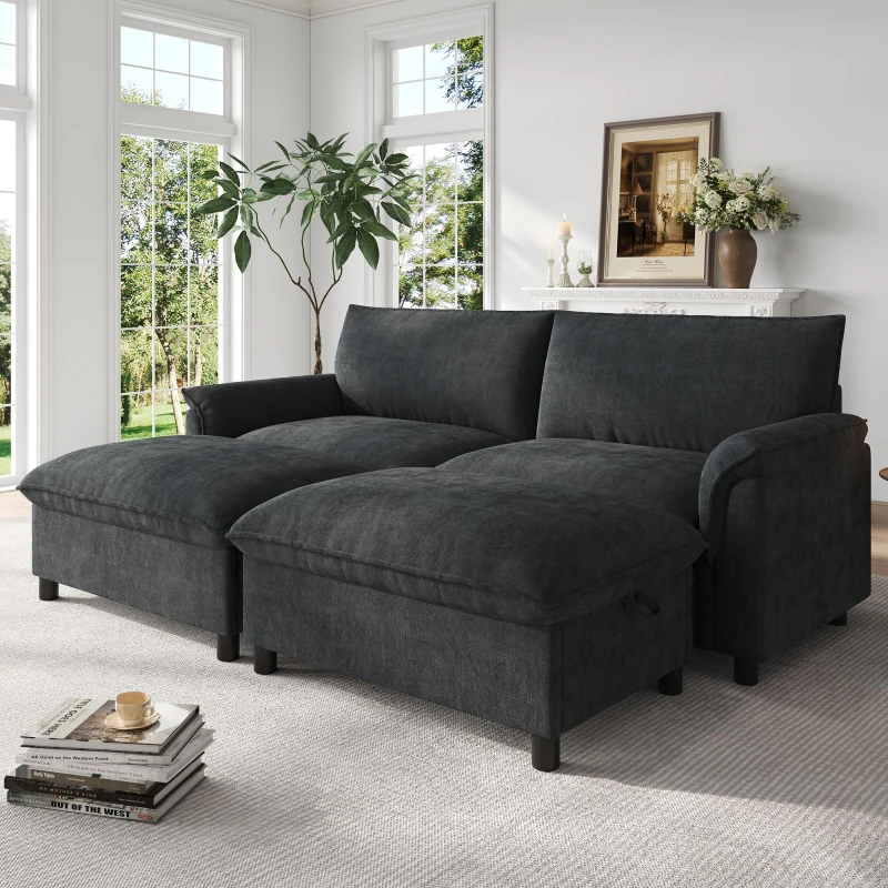 Divano a U con pouf poggiapiedi flessibile e vano portaoggetti nascosto, 216x77x82 cm, Nero