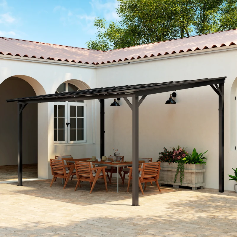 Outsunny Terrasoverkapping ca. 3 x 4,3m vrijstaande terrasoverkapping met hellend polycarbonaat-dak voor wandmontage Donkergrijs