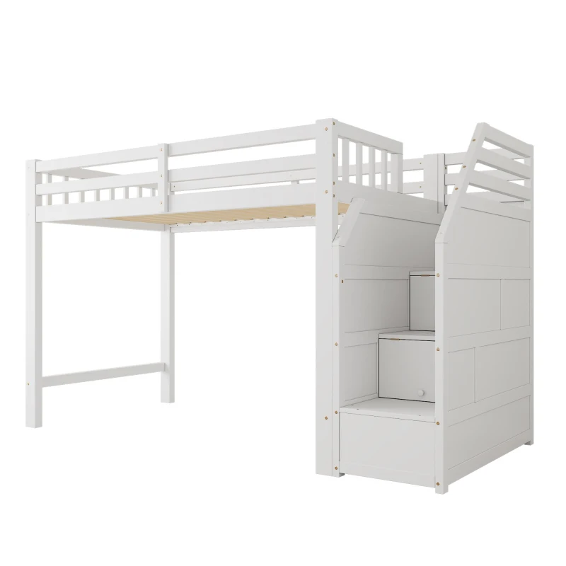 Letto a soppalco per bambini con rete a doghe, parapetto perimetrale e vano portaoggetti, 256x98,5x147 cm, Bianco