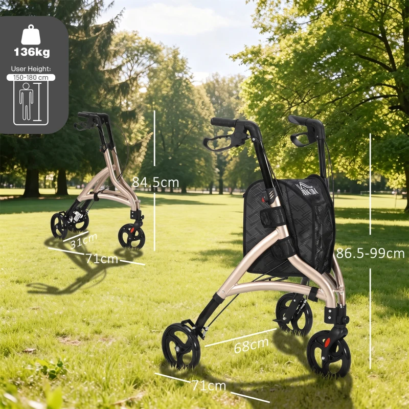 HOMCOM 3 Wheel Rollator, Lightweight Aluminium Tri Walker with Adjustable Handle, Storage Bag and Dual Brakes, Folding Mobility Walking Aid for Elderly, Handicapped, 5.3kg, Gold Tone