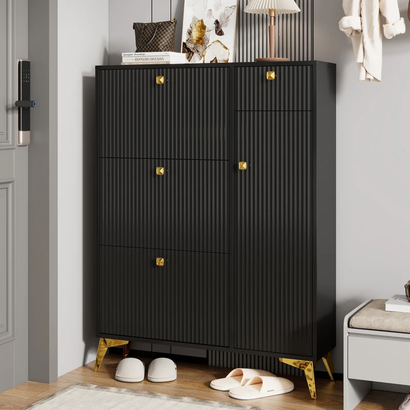 Sapateira com 3 portas basculantes, poupa-espaço com design ondulado moderno, 90x25x121 cm, Preto