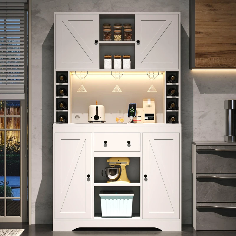 Armario alto de cocina con función de vinoteca, tira LED, baldas regulables, 105x40x180 cm, Blanco
