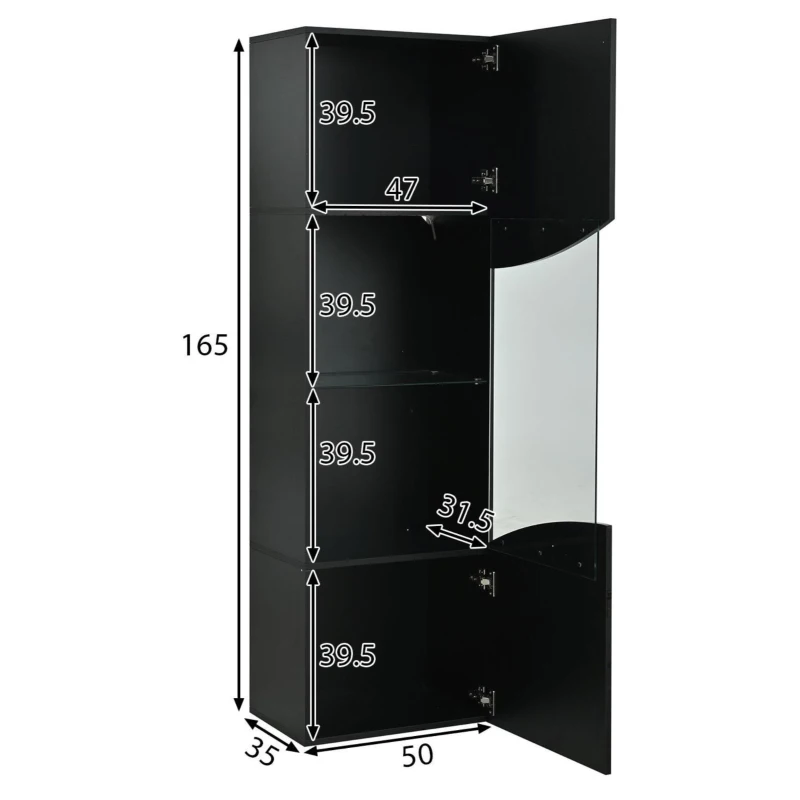 Vitrine para sala de estar, design estreito e alto com amplo espaço de arrumação, 35x50x165 cm, Preto