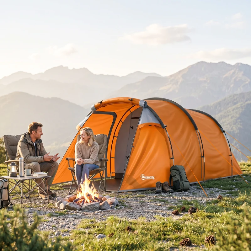 Outsunny 2 Man Tunnel Tent with Sewn-in Groundsheet, Air Vents, Rainfly, 2000mm Large Camping Tent with Bedroom, Porch, Living Area for Camping, Hiking, 426L x 206W x 154H cm, Orange