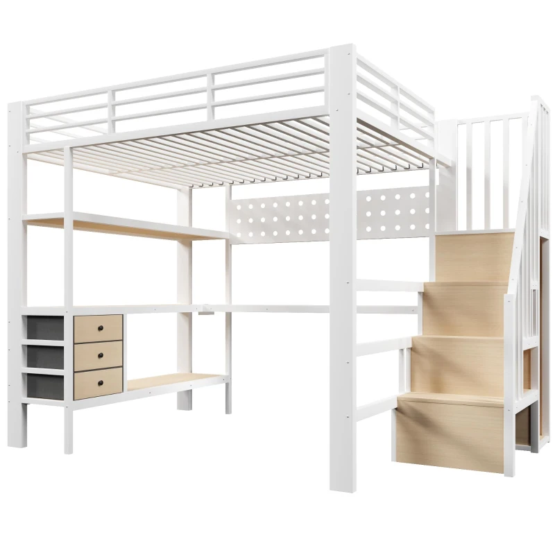 Letto matrimoniale a soppalco con mensola e 3 cassetti, 251x146x170 cm, Bianco
