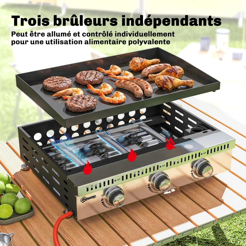 Outsunny Plancha gaz 9 kW 3 brûleurs en acier inoxydable, surface cuisson 56,5 x 33 cm, bac de récupération des graisses, noir