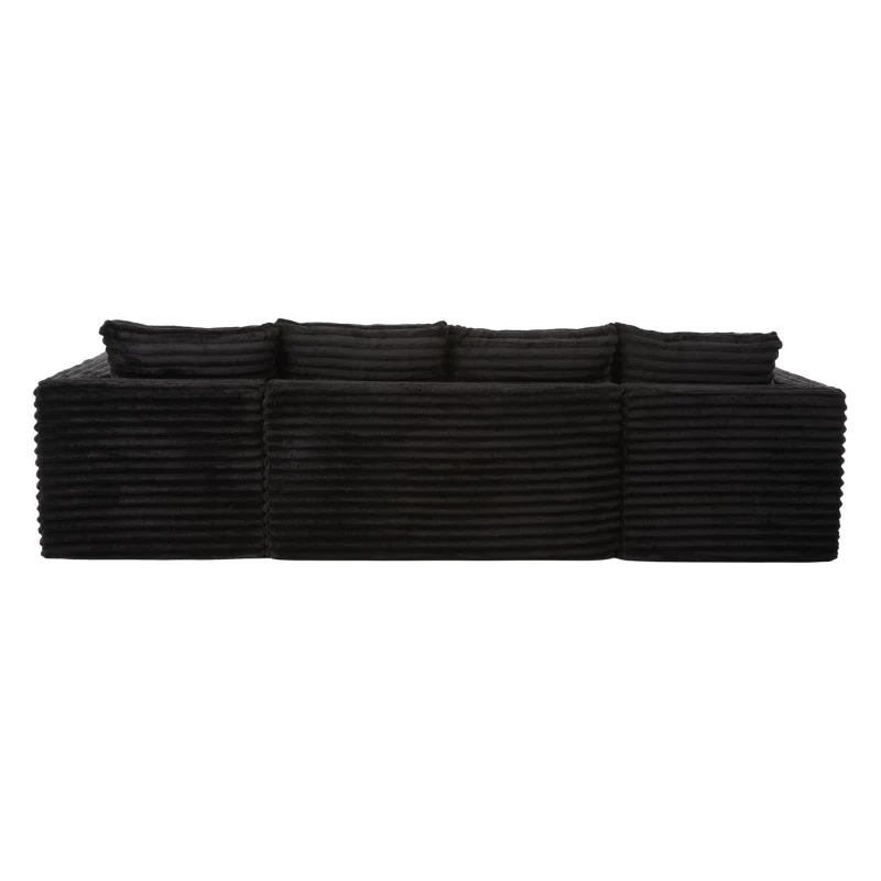 Divano a U in velluto a coste con portabicchieri integrato e tasca laterale, imbottitura a molle, 320x155x88 cm, Nero