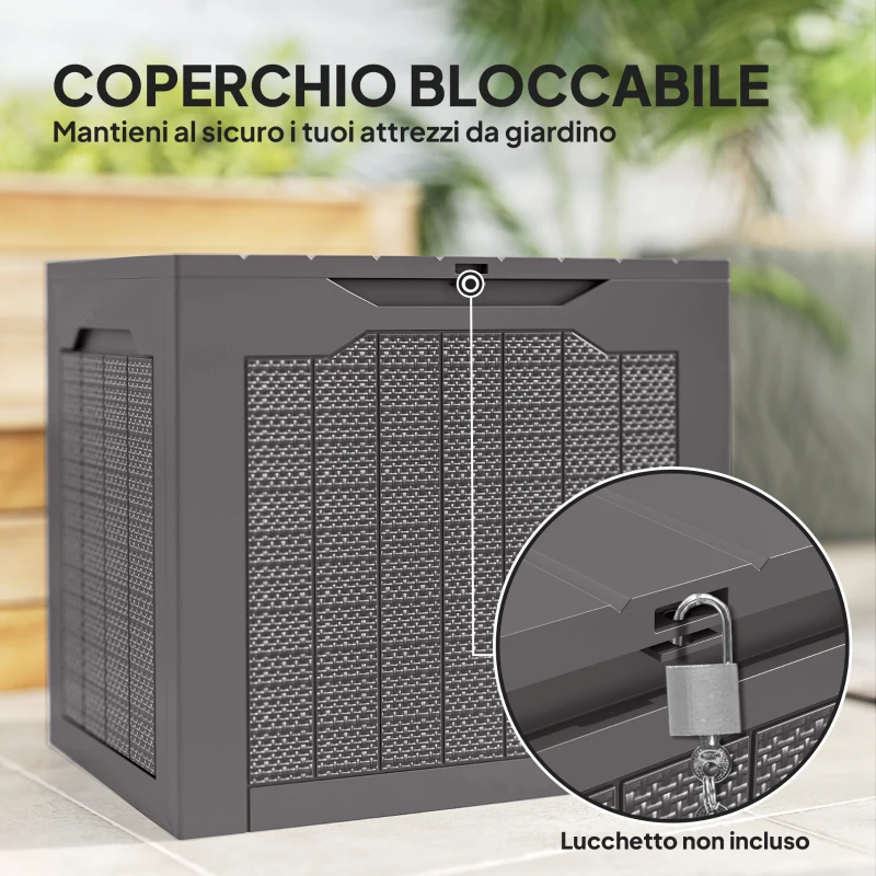 Outsunny Baule da Giardino con Maniglie, Contenitore Porta Attrezzi Impermeabile, 56x41x50 cm, Marrone