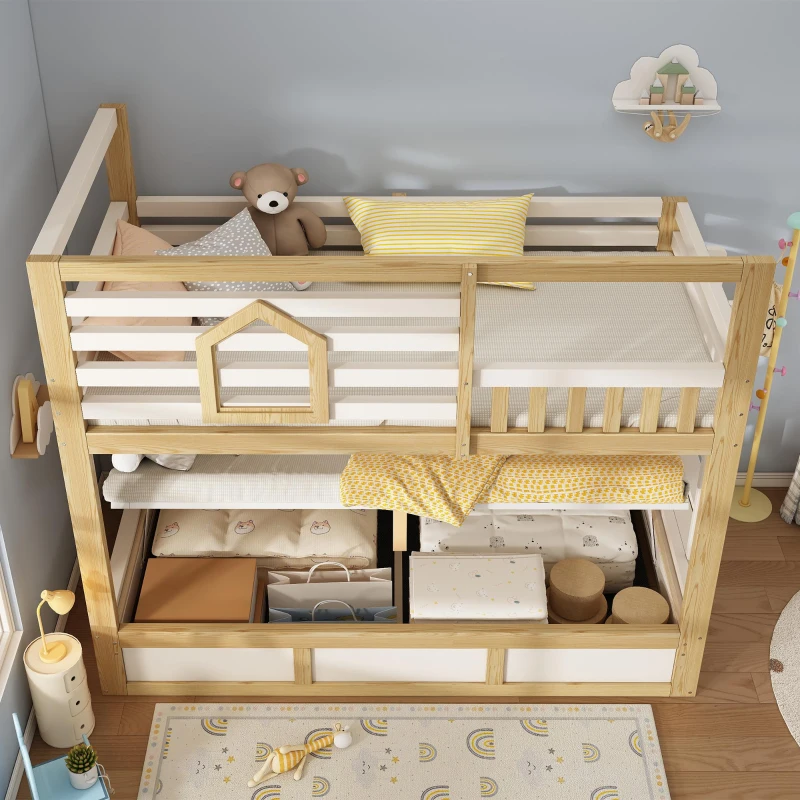 Cama beliche infantil estilo cabana, 2 lugares de dormir de 90×200 cm cada, sem colchão, 210x102x184 cm, Cor natural