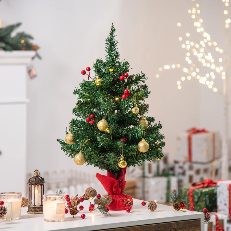 HOMCOM® kerstboom dennenboom met hulstbessen ballen LED groen PVC ∅20 x 60 cm | Aosom.de