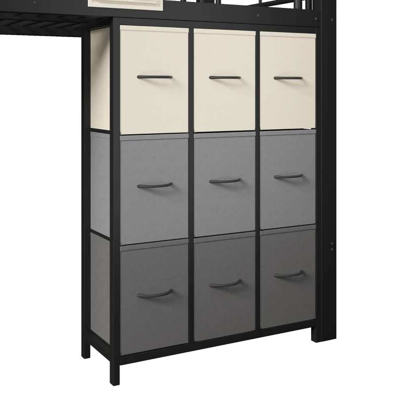 Cama alta para colchão 90×200 cm, escada com arrumação, sem colchão, 251,5x95x140 cm, Preto