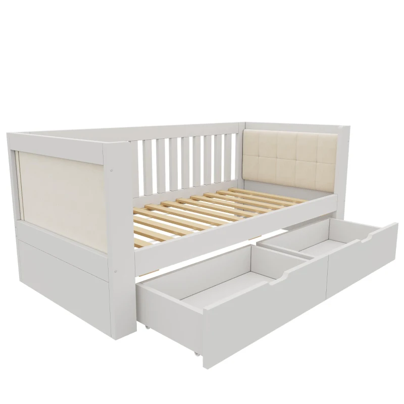 Divano letto con 2 cassetti, braccioli imbottiti e arrotondati e schienale confortevole, 208x95x74 cm, Bianco