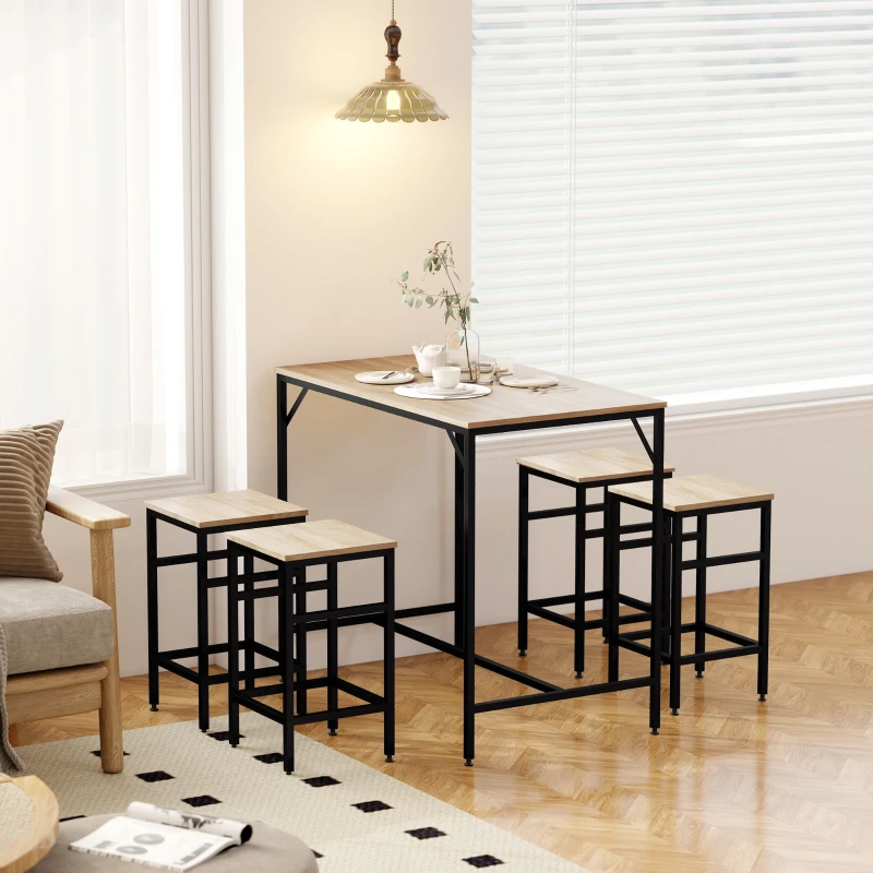 HOMCOM Set Masă de Bar cu Taburete din 5 Piese, Stil Industrial, PAL și Metal, 100 x 60 x 88 cm, Lemn Natural