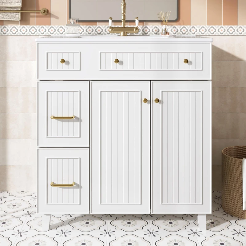 Mobile bagno indipendente con lavabo in ceramica, piedini in legno e maniglie in metallo, 81.7x46.8x90 cm, Bianco