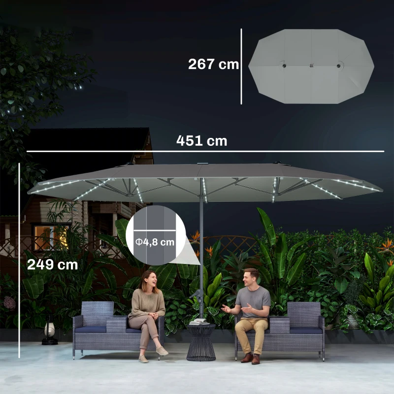 Outsunny Dubbele parasol met zonne-lichtjes, aluminium, polyester, UPF50+ bescherming, UV-bestendig, terrasparasol, donkergrijs(m-3)